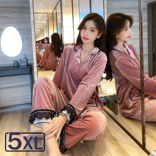 5xl Womens Winter Velvet Pajamas Set Warm Sleepwear Plus Size Home Clothe Underwear Nightie Bride Lady Stitch Pijama Sleep Tops