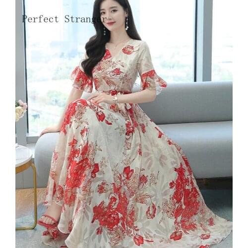 Bohemian Style 2021 Summer New Arrival V Collar Jacquard Flower Short Sleeve Women Long Chiffon Dress