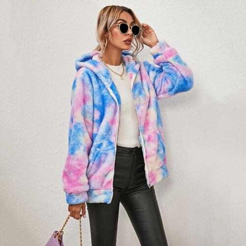 Womens Winter Coats 2020 Lady Tie-dye Printed Plush Jacket Long-Sleeved Hooded Zipper Coat Plus Velvet Thick Casual Jacket Women