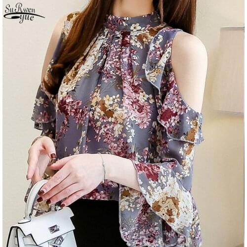 Blusas 2021 Womens Blouses and Tops O-neck Casual Chiffon Shirt Butterfly Sleeve Hollow Tops Print Floral Women Clothing 5388