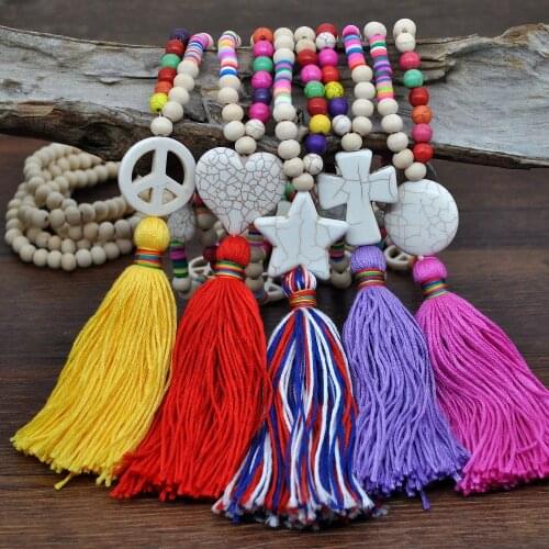 Bohemian Colorful Tassel Long Necklaces for Women Handmade Wood Bead Turquoises Polymer Clay Sweater Chain Necklace Boho Jewelry