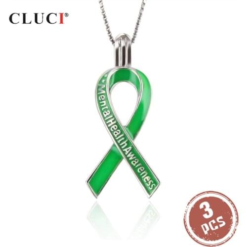 CLUCI 3pcs Silver 925 Green Ribbon Pendant for Autism Awareness Women Jewelry 925 Sterling Silver Pearl Locket Jewelry SC301SB
