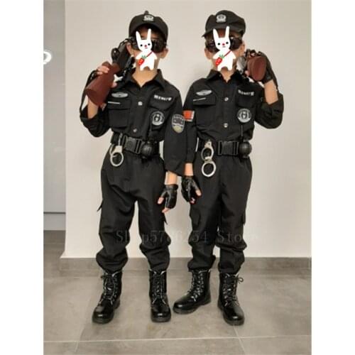 Children Fancy Policeman Cosplay Costume Boys Stage SWAT Halloween Party Carnival Police Uniform Short&Long Kids Army Suit