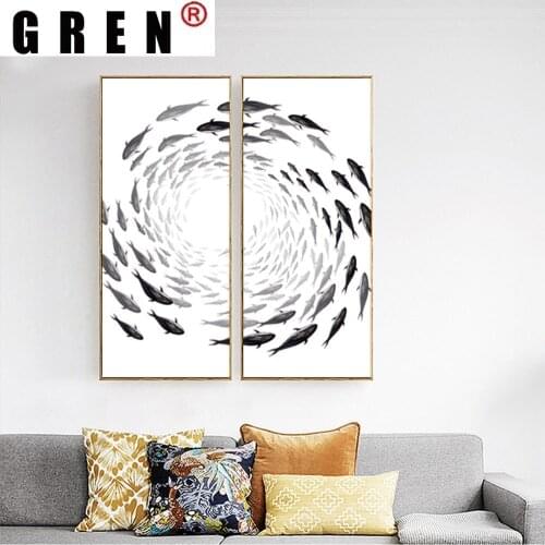GREN Cluster of Fish Swirl Canvas Painting Wall Art Painting Print Poster Picture Bedroom Living Room Home Decoration