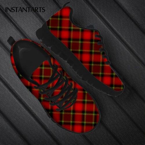 INSTANTARTS Fashion Women Lace up Flat Shoe Plaid Pattern Casual Mesh Sneaker for Ladies Comfortable Lightweight Walk Footwear