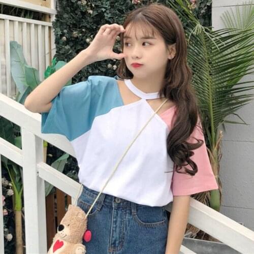2021 summer new Women tops Short-sleeved open-shoulders Korean fashion BF Harajuku hollow out splicing T-shirts for students