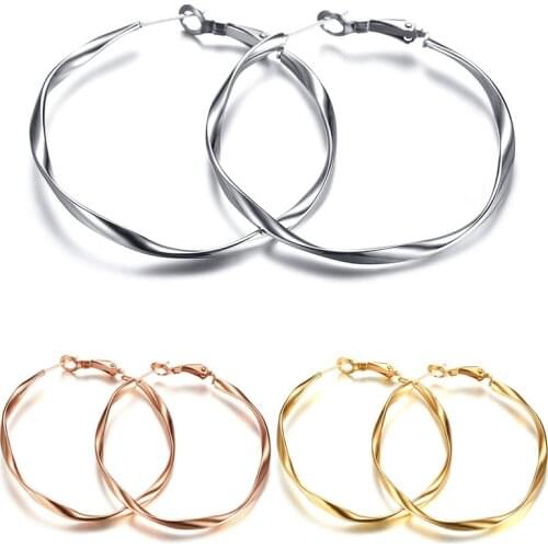 Simple Rose Gold Color twisted large hoop earring stainless steel earrings round hollow hoops earring pendientes dorados grande