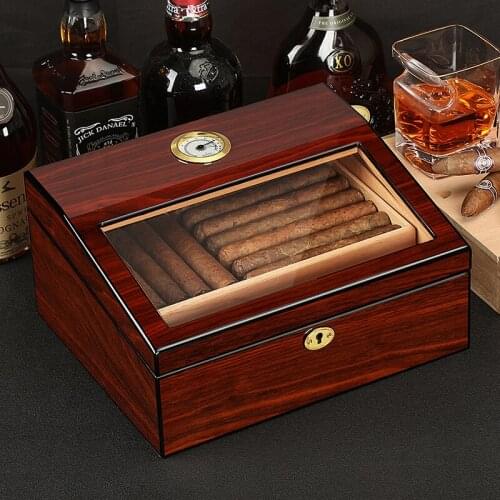 Luxury Cedar Humidor Desktop Cigar Humidifier Storage Box With Hygrometer & Divider - Handcrafted Rosewood Finish