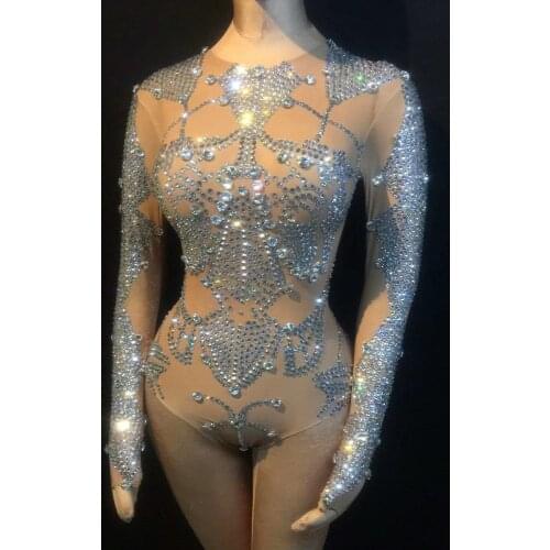 Sexy Stage Bodysuit Sparkly Rhinestones Dance Outfits Women Celebrate Nightclub Party Clothing Performance Stage Costumes
