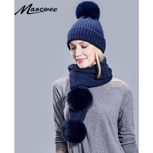 Warm Womens Winter Hats Scarves Knitted Scarf And Hat Set British style Wool Crochet Cap Raccoo Fox Fur Pompom Hat Scarf