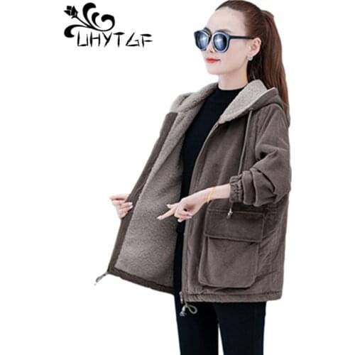 UHYTGF Plus Velvet Warm Autumn Winter Coat Women Fashion Hooded Casual Oversized Outwear Corduroy Short Parker Cotton Jacket1151