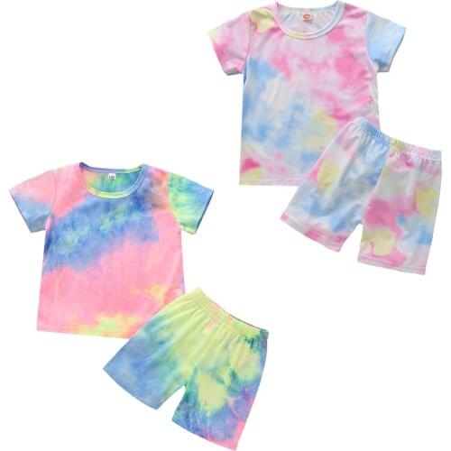 2021 New Summer 1-7Y Baby Girl Tie Dye Print 2Pcs Set Colorful Short Sleeve T-shirt+Shorts Kids Children Clothes 2 Types