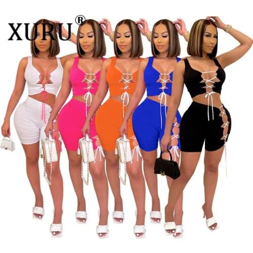XURU Sexy Ripped Bandage Jumpsuit Suit European and American Womens Jumpsuit Two-piece Summer Sports Jumpsuit