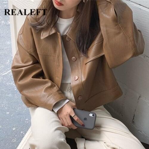 REALEFT Autumn Winter PU Faux Leather Womens Jacket 2021 New Single Breasted Loose Biker Jackets Loose Coat Female Outwear Tops