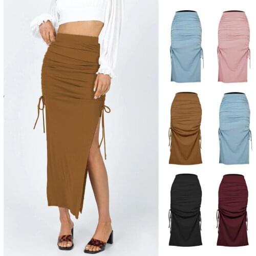 Bodycon Skirts Women Skirt Lace-up Split Summer Knitted Shirring Long Skirt Summer 2021 Elegant Female Skirts Woman Skirts