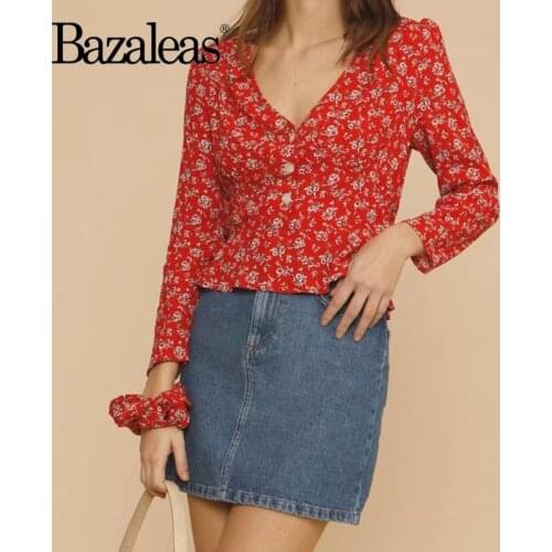 Bazaleas France Red Floral Print Female Blouse 2021 Elegant Long Sleeve Shirt Vintage V Neck Buttons Women Blouse