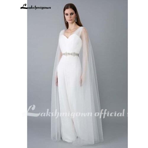 White Chiffon Jumpsuits Wedding Dresses with cape Beach Garden Bridal Dress Princess Women Pant Suits vestido