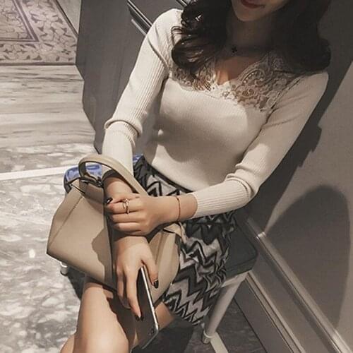 2019 New Spring Large Size Loose Sexy Lace Knit Pullover Sweater V Collar Long Sleeve Solid Thin Bottoming Women Sweaters ZW059