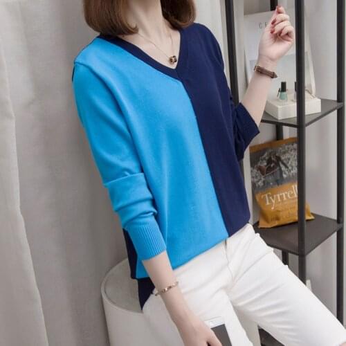 Plus Size V-neck Knitted Sweaters Women 2020 Autumn Winter Trendy Patchwork Korean Ladies Pullovers Jumpers Oversized Knit Tops