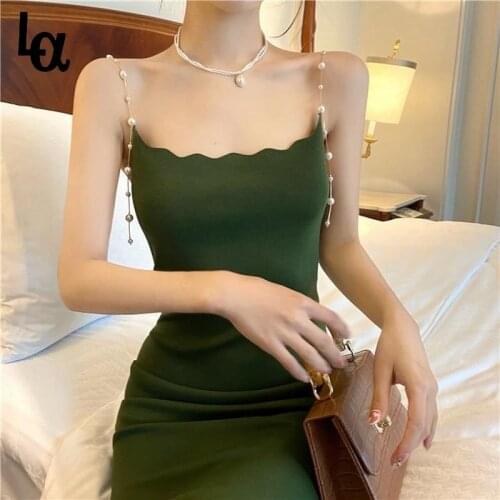 Luck A Vintage Solid Strap Dress Women Elegant Sweet Designer Midi Dress Casual High Street Sexy Party Night Dress Summer 2021