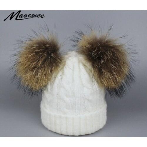 Real Fur Winter Hat Raccoon Two Pom Pom Hat For Women Brand Thick Women Hat Girls Caps Knitted Beanies Cap Wholesale 2018 New