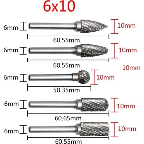 5Pcs / Set New Carbide Tungsten Steel Grinding Head 6x10 6x12mm Rotary Boring Cutter Woodworking Wood Carving Carving Knife