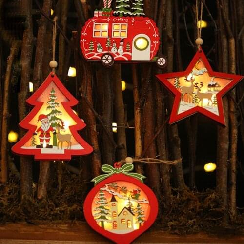 5pcs Xmas Creative Led Light Christmas Tree Hanging Pendant Star Car Heart Wooden Ornament Xmas Party Decoration New Year Gift
