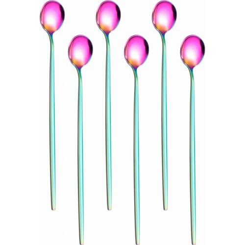 6 Pcs Rainbow Color Long Hangdle Spoon Polished Stirring Drink Steainless Steel Dinnerware Tableware Cutlery Ice Cream Spoon Set