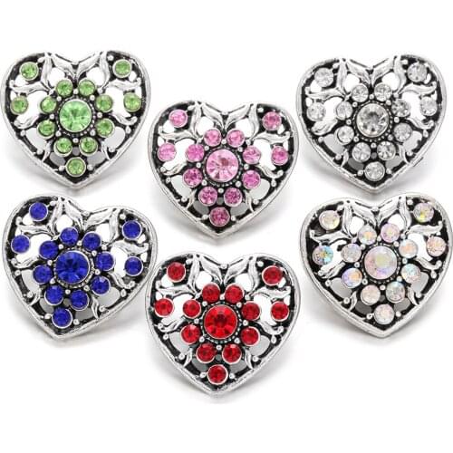 6pcs/lot New Snap Jewelry Lot Hollow Out Rhinestone Love Heart Metal 18mm Snap Buttons Fit DIY Leather 18mm Snap Bracelet