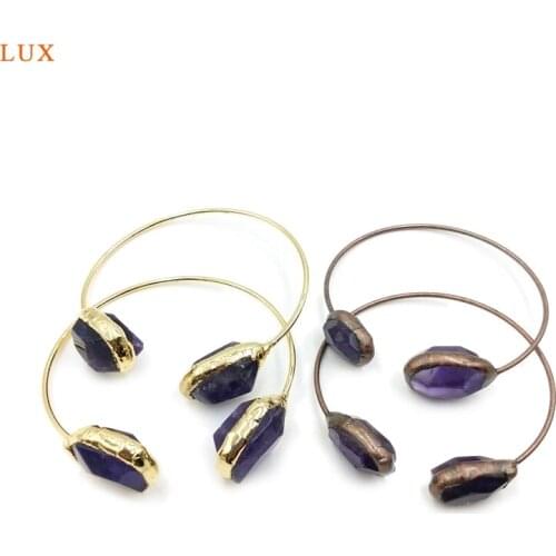 Natural Amethysts Bracelets Gems Double Head bangle for women vintage Gold-Electroplated Antique copper bronze Bangle Jewelry