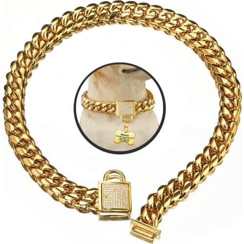 Designer Dog Collar Gold Stainless Steel with Zirconia Lock 14mm Gold Big Dog Luxury Training Collar Cuban Link Necklace Chain