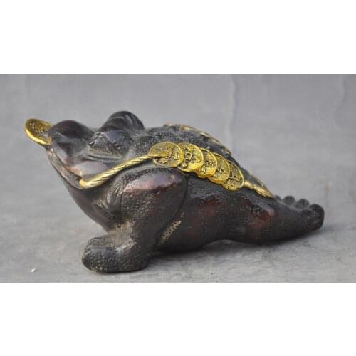 Chinese copper gilt fengshui lucky wealth money coin Golden Toad spittor statue