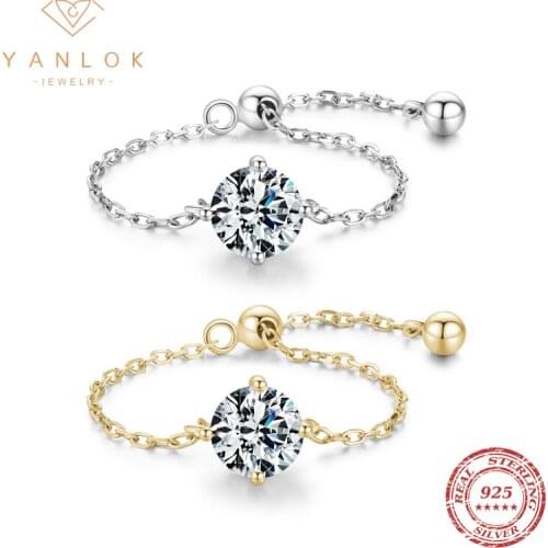 YANLOK 925 Sterling Silver Brilliant Cut Classic Luminous Clear CZ Link Chain Ajustable Finger Rings For Women Wedding Jewelry
