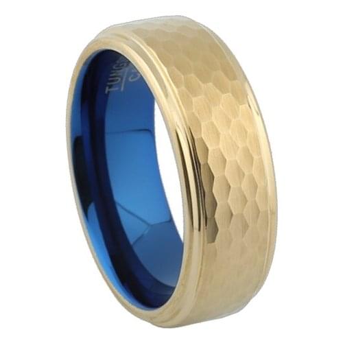Mens Ring Alliance hammer tungsten rings for men blue gold color wedding band couple rings Husband Boyfriend Anniversary gift