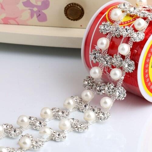 Beautiful Sparkling pearl Crystal Rhinestone Trim Silver Stone Chain Applique Bridal Dress Trim