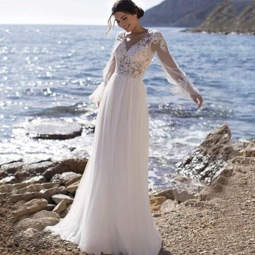 V-Neck Appliques Lace Long Sleeve Tulle A-Line Beach Wedding Dress 2021 Bridal Gown Vestido De Novia WD272