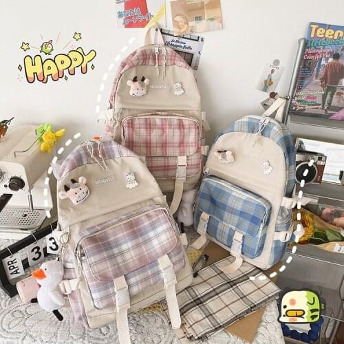 Japanese Cute Large-Capacity Nylon Lattice Women Backpack Laptop School Bag Multi-Purpose Backpacks Travel Bags Female Sac 2021