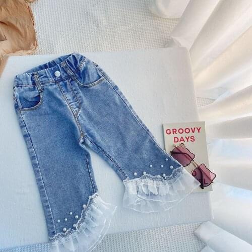 Fashion 2021 Summer Girls Kids Princess Jeans Pants Children Baby Denim Flare Beaded Ninth Pant Trousers S12672