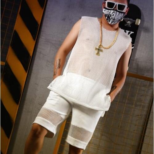 Men vest clothing white mesh sleeveless hombre personalized singer dance stage street star style dress