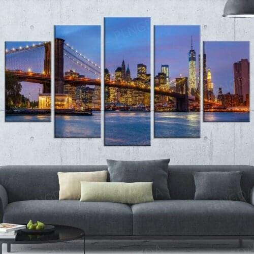 Wall Art City Night View Poster 5 Panel Brooklyn Bridge Canvas Painting Prints Modular Pictures Frame Home Decor For Living Room