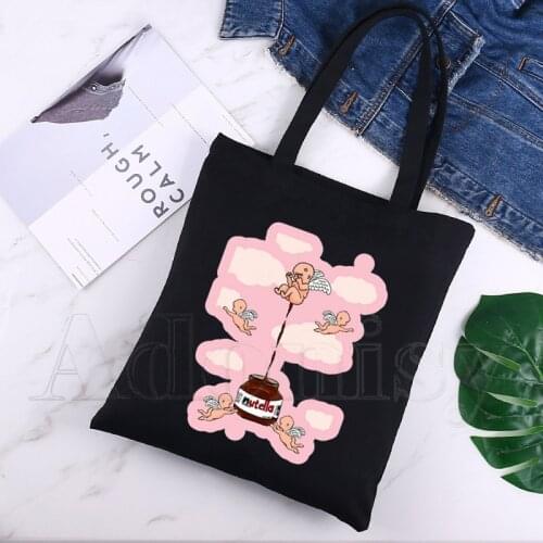 Nutella Women Handbags Canvas Tote Shopping Bags Reusable Shopping Bag Eco Foldable Black