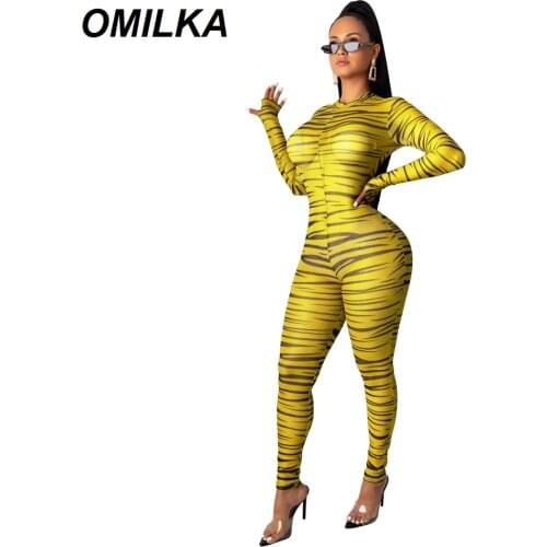OMILKA Elastic Striped Printed Rompers and Jumpsuits 2019 Autumn Winter Women Long Sleeve O Neck Club Party Bodycon Overalls