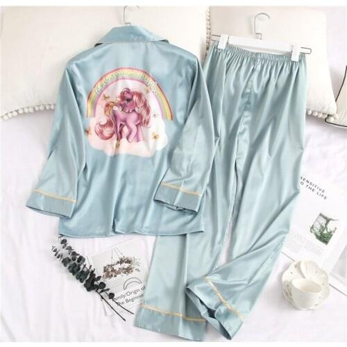 2PCS Pajamas Set Womens Silky Satin Cartoon Nightwear Spring Autumn Long Sleeve+Long Pants Sleepwear Lounge Negligee Homewear