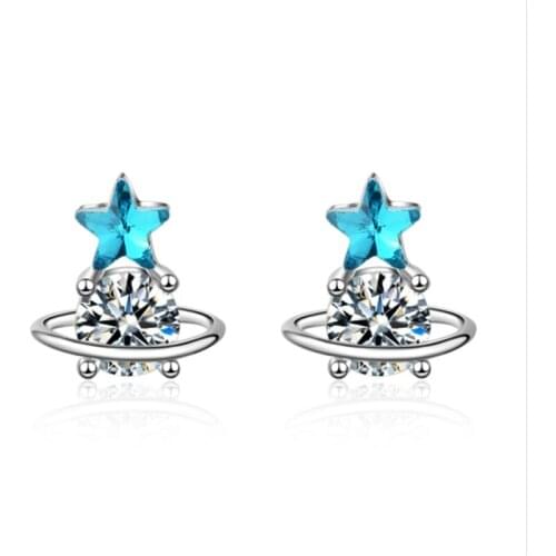 Planet Small Fresh Blue Artificial Crystal Star Asymmetric Sun silver plated Stud Earrings