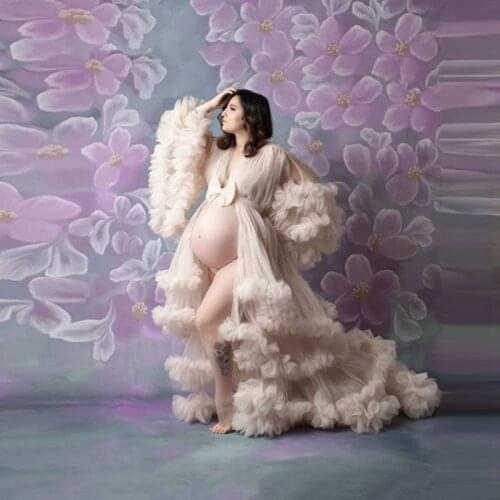 Sexy See Thru Tiered Tulle Pregnancy Dresses Long Robe Pretty Flare Sleeves Ruffles Maternity Gowns To Photo Shoot Baby Shower