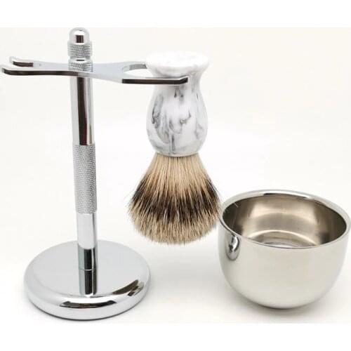 TEYO Silvertip Badger Hair Shaving Brush Shaving Stand and Cup Set Perfect for Wet Shave Cream Safety Double Edge Razor Tools