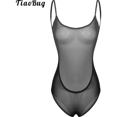 TiaoBug Womens One-Piece See Through Sheer Mesh Lingerie Spaghetti Shoulder Straps Backless Leotard Bodysuit Nightwear