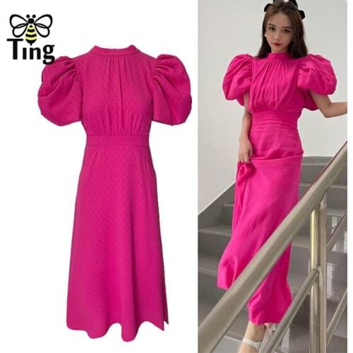 Tingfly Vintage Elegant Desiger Fuchsia Color Bright Party Dinner Dress Retro Puss Sleeve Sexy Open Back Vestidos Robe Fairycone