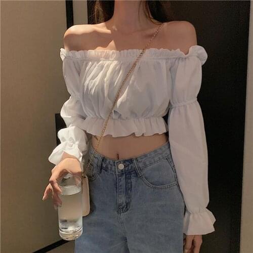 Long Sleeve Solid Color White Shirt Puff Sleeve Ruffle Tunic Crop Top Summer Tube Top Women Top Sexy Blouse Off Shoulder Top