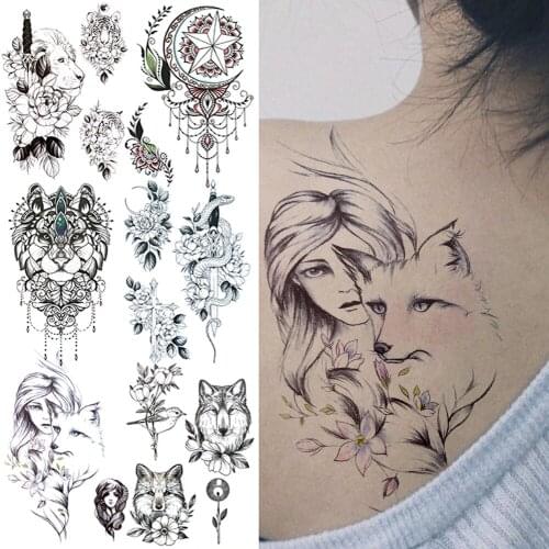Unique Fox Girl Temporary Tattoo For Women Female Realistic Lion Wolf Tatoo Transfer Snake Jewelry Pendant Fake Tattoo Sticker